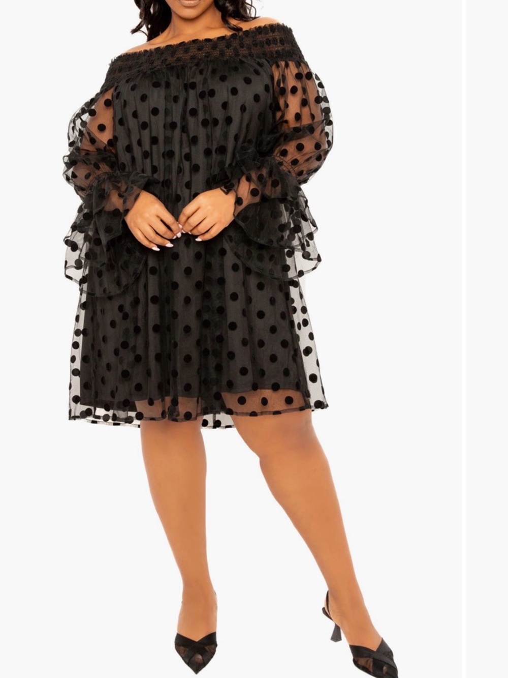 Buxom Black Off-Shoulder Polka Dot Midi Dress